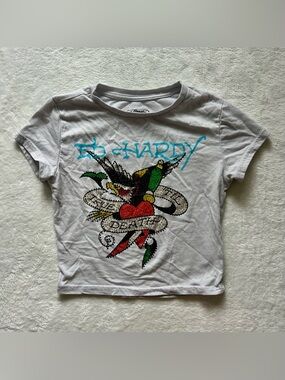 Ed Hardy “True ’Til Death” Rhinestone Cropped T-Shirt – Gray – Size Small